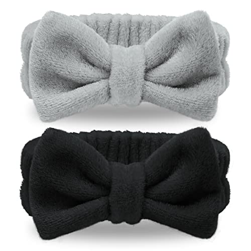 Spa Headband - 2 Pack Bow Hair Band Facial Makeup Headbands Spa Headband For Washing Face With Bowknot Hair Wrap For Spa Yoga Sports Soft Coral Women Girl Fleece Skincare Headbands (Black+Gray) #TOP20