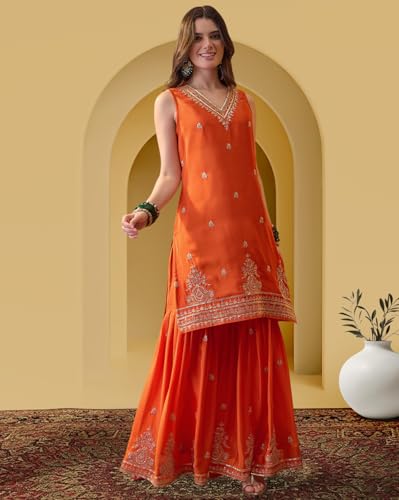 Image of Amazon Brand - Tavasya Women Silk Blend Zari Sequin EmbroideKurta with Sharara and Dupatta Set|Ethnic Wear (PHSKS1737 VBT 2XL)