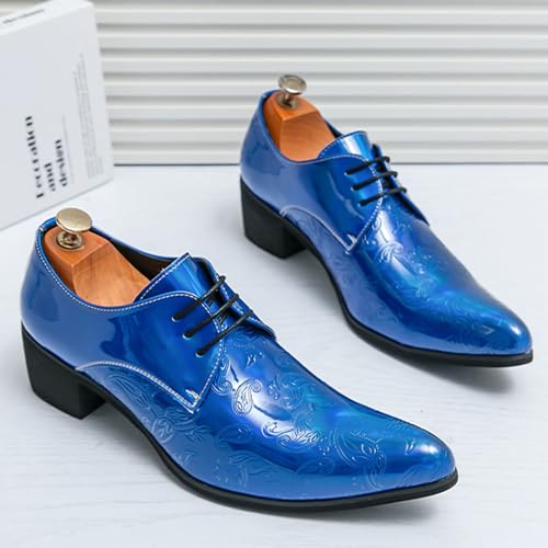 Image of Men's Printing Pointed-Toe Patent Leather Derby Oxford Shoes,Classic Lace-up Low Top Block High Heel Fashion Slip on Prom Business Wedding Dress Shoes