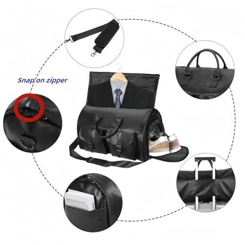 Snap on zipper suit suit travel bag carry on overnight bag waterproof leather duffel bag men and women convertible garment bag sports bag two-in-one hanging suitcase (Leather, brown), PG0013