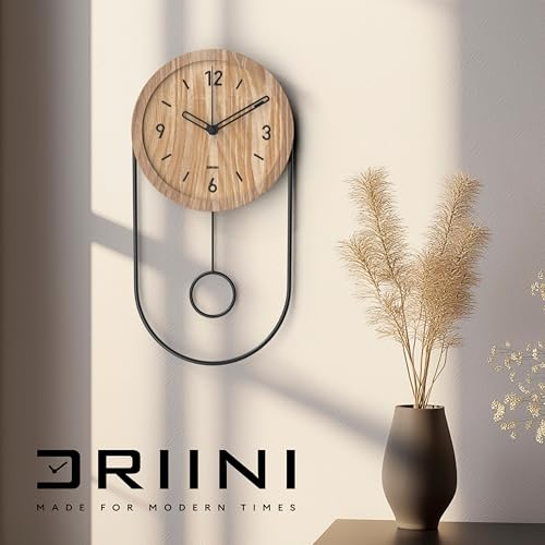 Driini Decorative Wall Clock with Pendulum (Light) – Modern Wood; 3D Black Numbers; Metal Frame – Small, Unique Wall Clocks for Living Room Decor or Bathroom - Battery Operated, Silent, Non-Ticking
