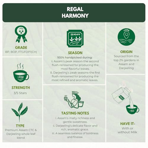 Image of 1950 Origins Regal Harmony Darjeeling Long Leaf Black Tea and Premium Assam CTC Blend | 150g Tin Caddy |100% Natural Fresh & Aromatic Loose Leaf Tea | Kadak Chai | Chaipatti | Darjeeling First Flush | Assam Loose Chai