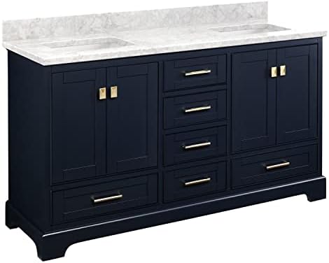 Signature Hardware 483481 Quen 60" Free Standing Double Basin Vanity Set with Cabinet, Vanity Top, and Undermount Sink - No Faucet Holes - Midnight Navy Blue/Carrara Marble