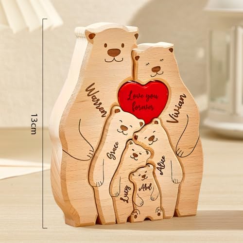 VEELU Personalisiertes Holzkunstpuzzle der Bärenfamilie mit 2-6 Namen| Holz Bär Skulpturen Desktop Ornament Home Tischdekoration, Geschenk für Familie, Muttervatertag Geburtstag