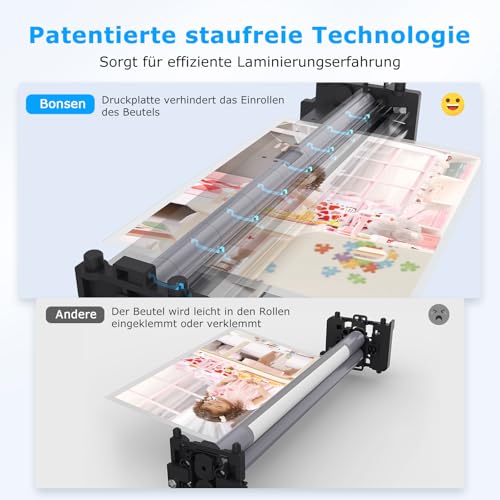 BONSEN Laminiergerät A4 mit Never Jam Technologie, 60 Laminierfolien inkl. (30 x A4, 15 x A5, 15 x A6), Präzise NTC Temperaturkontrolle, Schnelllaminierung für Zuhause, Schule, Büro, L3401