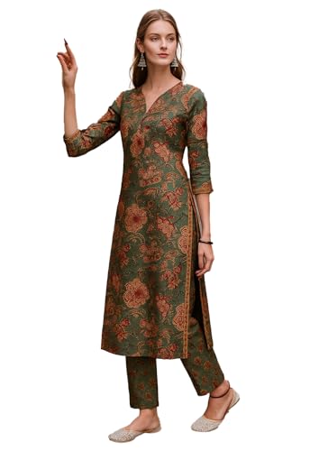 Image of LookMark Women's Printed Cotton Blend Straight Kurta and Pant Set | Kurta Set for Women | Women Kurta | Women Kurta Sets Kurtis | Women Kurta Pant Set