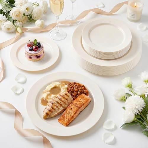 Image of I00000 200 Pcs Ivory Plastic Plates, Disposable Party Plates Include 100 Ivory Dinner Plate 10'' and 100 Plastic Dessert Plate 7'' Perfect for Birthday, Party & Wedding