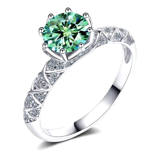 1.0ct Teal Moissanite Eternity Ring for Women - 18K White Gold Plated S925 Silver Classic Wedding Jewelry with Gift Box