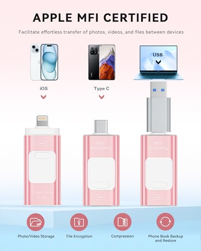 Image of Apple MFi Certified 512GB Flash Drive for iPhone Thumb Drive Photo Stick, USB Memory Stick iPhone Flash Drive for Photos Videos, High Speed Jump Drive Compatible for iPhone /iPad /Android /PC (Pink)