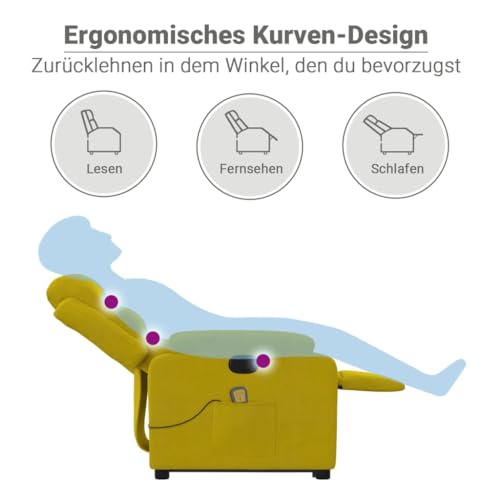 vidaXL Massagesessel, Verstellbar Sessel mit Aufstehhilfe, Fernsehsessel Relaxsessel mit Liegefunktion, Liegesessel Aufstehsessel Polstersessel, Gelb Samt – Bild 5