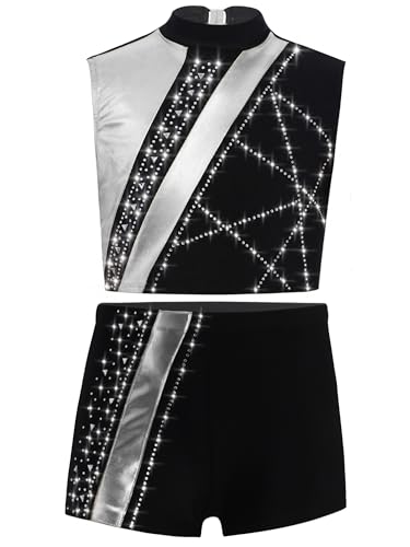 Kids Girls Gymnastics Outfit Set Glitter Metallic Crop Top with Shorts for Dance Stage Performances Silver 14 Years3