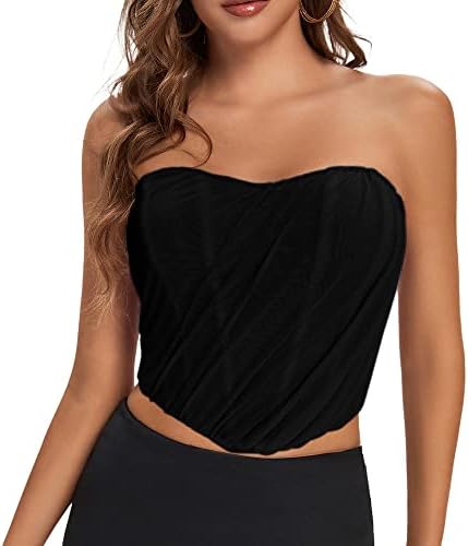 BBYDBY Bustiers Tops for Women Vintage Strapless Open Back Mesh Boned Overbust Corset Black X-Small