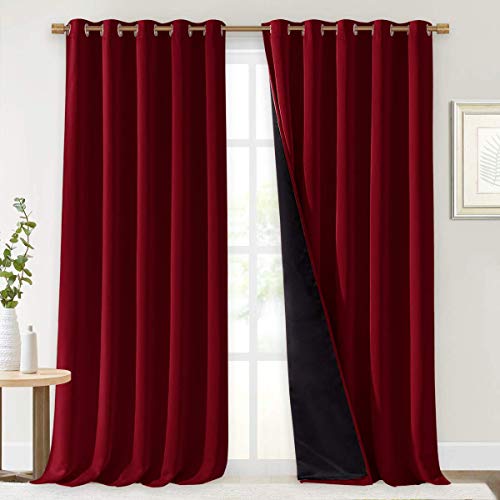 Image of NICETOWN Truly Blackout Drapes for Living Room, Heavy-Duty Full Light Shading Curtain Set with Black Liner Backing for Villa /Hall /Dorm Window（Burgundy Red, Set of 2, 70 inches Wide x 95 inches Long