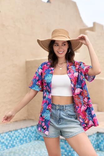 Image of SANGTREE Girls & Women's Hawaiian Shirts Button Down Short Sleeve Floral Tropical Shirt Beach Vacation Blouse Tops