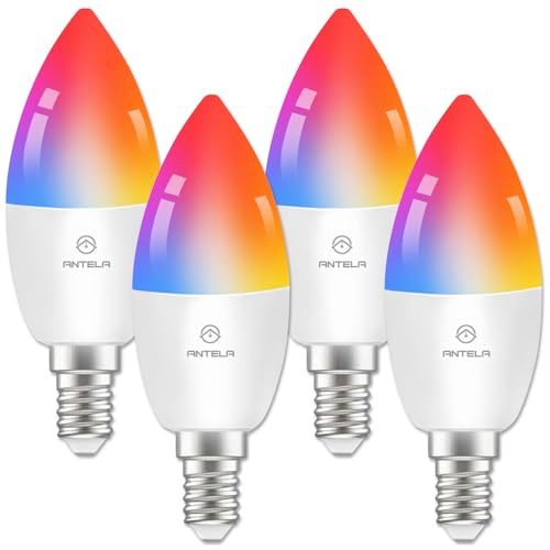 ANTELA Bombilla Inteligente LED WiFi E14 Compatible con Alexa/Google Home, 4.5W 385LM RA>80 Bombilla RGB Regulable 16 Millones de Colores Blanco Cálido/Frío 2700K-6500K, Ahorro Energético, 4pcs