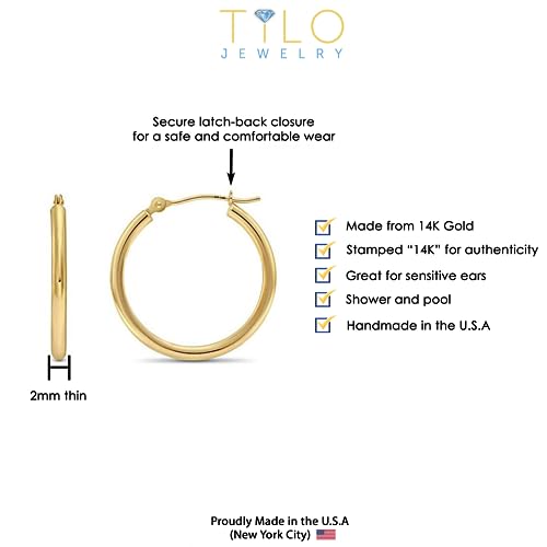 Image of 14k Yellow Gold Classic Shiny Polished Round Hoop Earrings, 2mm tube