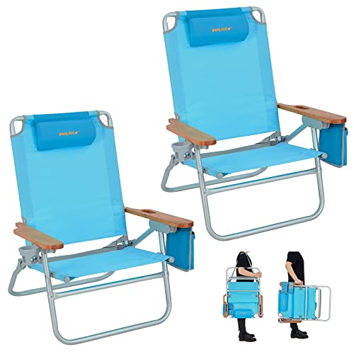 #Wejoy 2 Pack Oversized 4-Adjustable Beach Chair, Backpack Folding Reclining Beach Chairs For Adult Portable Low Seat Chair With Cup Holder Wooden Armrest For Festival Camping Picnic,300 Lbs #TOP15