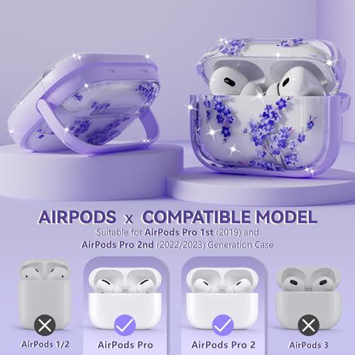 Safety Lock Inesore Floral Cute Case Compatible with AirPods Pro (1st/2nd Gen), Case for Women Girls, with Cleaning Kit (2023 USB-C/2022/2019) - Purple