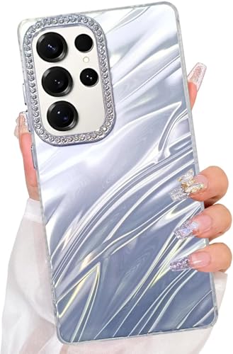 Image of DIZORO Compatible with Samsung Galaxy S25 Ultra | Marble Glossy Hard PC Back Cover with Diamond Camera Protector | Ultra Stylish Shockproof Back Cover Case for Girls Women-Sky