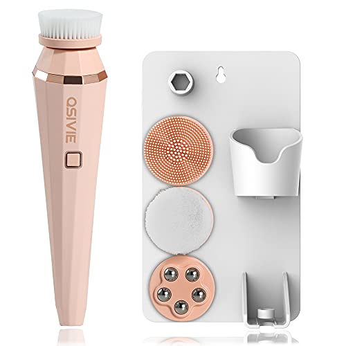 Qsivie Facial Cleansing Brush,Rechargeable Spin Face Scrubber Gentle Exfoliating,Electric Face Wash Brush Deep Cleaning, Waterproof,Clarify Acne,Massaging,3 Modes & 4 Heads,For Skin Care (Pink)