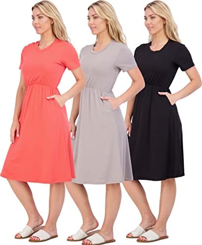 3-Pack: Womens Midi Short Sleeve Dress – Soft Elegant Dress with Elastic Waist for Women (Available in Plus Size)