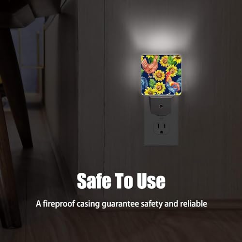 Image of Retro Hen Rooster Night Light, Sunflowers Plug into Wall with Dusk to Dawn Light Sensors, Warm Nightlights for Bedroom, Bathroom, Hallway, Kitchen, Gifts Ideal for Boys Girls Women Men
