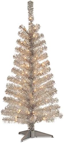 National Tree CompanyPre-Lit Artificial Christmas Tree, Silver Tinsel, White Lights, Includes Stand, 4 feet