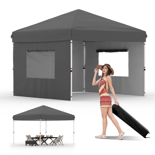 Garvee 10x10 Pop Up Canopy Tent Outdoor Canopy One-Person Set Up Heavy Duty Commercial Instant Tent Shelter, 3-Sidewall+Gray