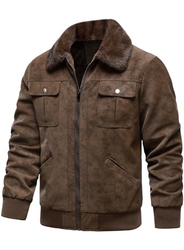 HOOD CREW Mens Faux Suede Bomber Jacket Fur Collar Vintage Leather Jackets Casual Lightweight Winter Warm Fleece Lined Coat2