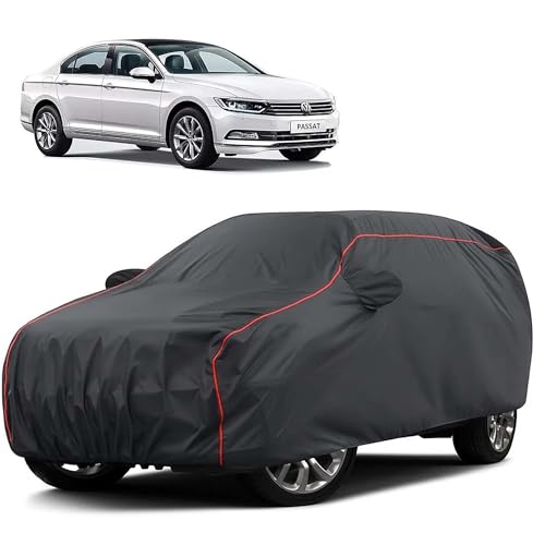 Image of Sulfar 100% Water Resistant Car Body Cover Compatible with Mirror for Volkswagen Passat (Triple Stitched, Full Bottom Elastic, Dark Grey Taffeta with Red Piping)