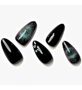 GLAMERMAID Press on Nails Almond,Black Gel False Nails with Design,24 PCS Glue on Nails,Reusable ...