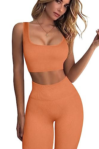FAFOFA Ribbed Workout Outfits for Women 2 Piece Seamless Sport Bra High Waist Yoga Leggings Sets