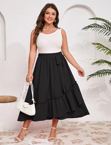 Wealywa Women's Summer High Waist Skirt Boho Tie Knot Maxi Skirt for Women Casual Beach Ruffled Swing A line Skirts Plus Size Black 2XL — view 4