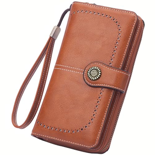Image of Women Leather Wallet Crossbody Shoulder Bag with Double Zipper and Mobile Phone Purse with Shoulder Strap