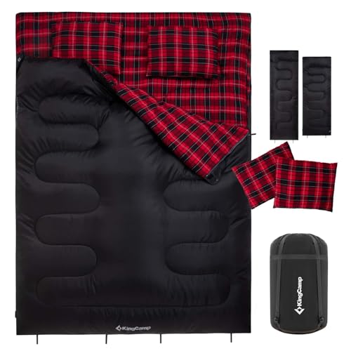 Image of KingCamp Double Sleeping Bag for Adults, Queen Size 2 Person XXL Flannel Sleeping Bag, Waterproof Lightweight Flannel Quilt with 2 Pillows, Perfect for Couples Family Camping Hiking