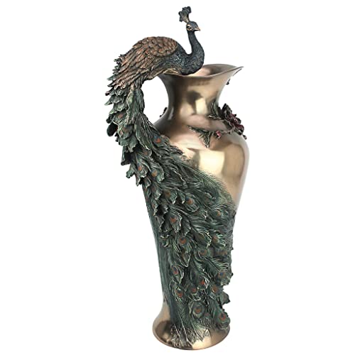 Design Toscano WU10505 Peacock Centerpiece Home Decor Sculptural Vase, 19 Inch, Bronze
