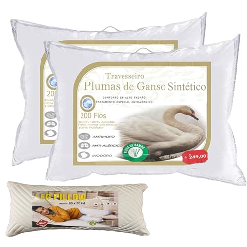 Kit 2 Travesseiros Toque Pluma de Ganso com Fibra Bambu + Travesseiro Entre Pernas
