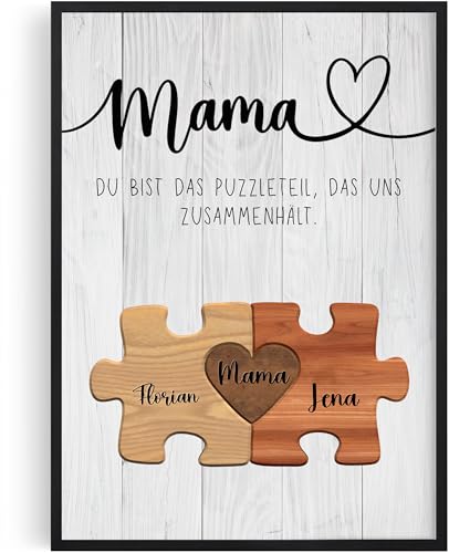 Tassenliebling® - Mama Poster personalisiert - Du bist das Puzzleteil, das uns zusammenhält – Muttertagsgeschenk mit Spruch – Geschenk für Mama – Wanddeko (A4, A3) mit oder ohne Rahmen - 2 Kinder