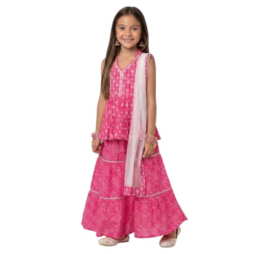 Image of Nautinati Girls Nauti Nati Girls Printed V Neck Pure Cotton Kurti With Sharara Dupatta