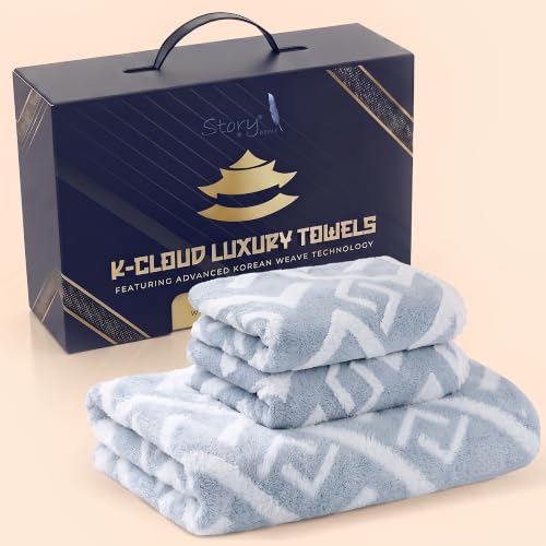 Image of Story@Home K-Cloud Luxury Bath Towel Set for Gifting, Microfiber Towels, 500 GSM, Ultra Soft, Quick Dry, 3X More Absorbent Than Cotton Towels, 1 Bath Towel & 2 Hand Towels, Gift Box, Set of 3-Ice Blue