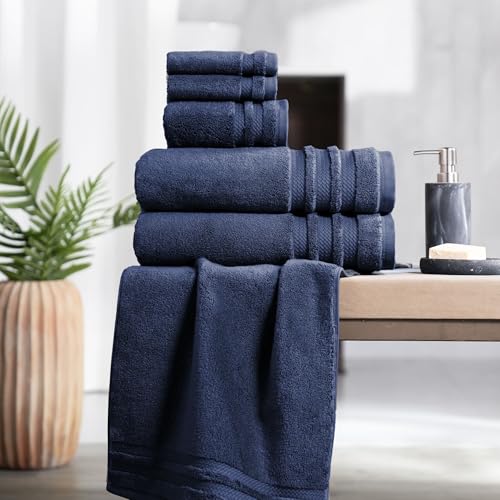 Image of MYTRIDENT Finesse 6 Piece Towel Set (2 Pc Bath Towels, 2 Pc Hand Towels, 2 Pc Face Towels), 625 GSM, Zero-Twist, Luxuriously Soft, 100% Cotton - Navy