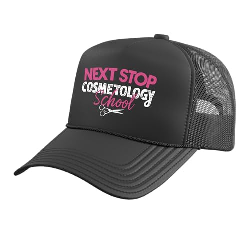 Next Stop Cosmetology School Trucker Hat with Adjustable Mesh Back, Black