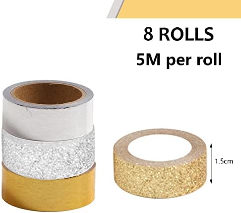 VEGCOO Glitter Washi Tape, 8 Rolls Foil Decorative Tape, Glitter Masking Tape Self-adhesive Tape for DIY Scrapbooking Craft/Art Journal/Gift Wrapping