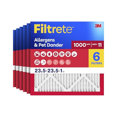 Filtrete 23.5x23.5x1 AC Furnace Air Filter, MERV 11, MPR 1000, Micro Allergen Defense, 3-Month Pleated 1-Inch Electrostatic Air Cleaning Filter, 6 Pack (Actual Size Pack 23.188x23.188x0.81 in)