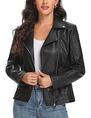 First Way Women's Faux Leather Jacket With Pockets Moto Biker Short Coat Slim Fit Pu Outwear For Fall And Winter Black-A S #TOP2