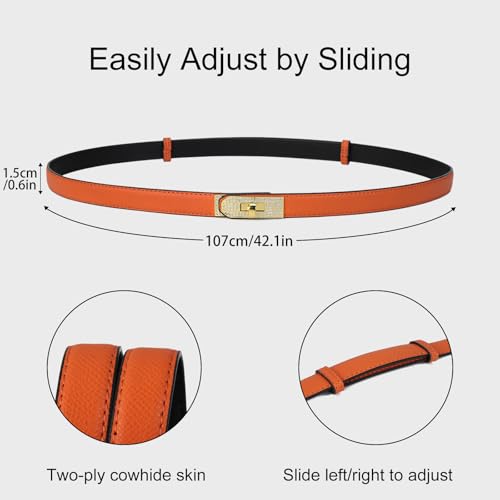 Women's Skinny Leather Belt With Adjustable Gold Alloy Turn-lock Rhinestione Buckle For Dresses,Jeans2