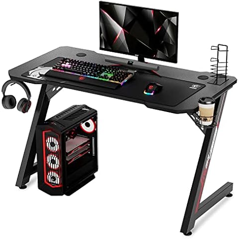 IntimaTe WM Heart Gaming Desk, Z Shaped Large Ergonomic Computer Table, Pc Metal Gamer Desk 110cm for Home Office with Headphone Hook, Cup Holder, Black Cover