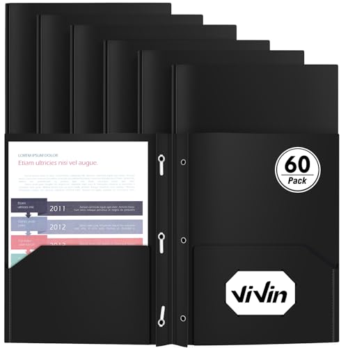 Heavy Duty Plastic Folder, 60 Pack, Pocket Folder with brads, Letter Size Poly File, Plastic Folders with 3 Prongs Fasteners - Black by ViVin - Used condition - CA$60.42