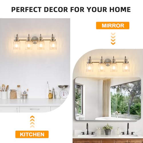 Image of 4 Lights Hammered Glass Bathroom Vanity Light,Brushed Nickel | Easy Installation,Up or Down,Farmhouse Modern Style,E26 Socket,ETL Certification