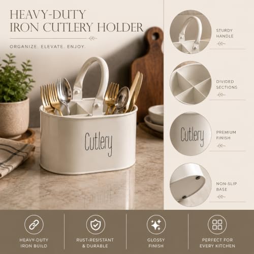 Image of MARKET 99 Heavy-Duty Off-White Iron Cutlery Holder | Oval Glossy Utensil Organizer Stand for Kitchen | Knife, Fork & Spoon Holder | Tabletop Cutlery Storage Box for Dining Table & Countertop Use